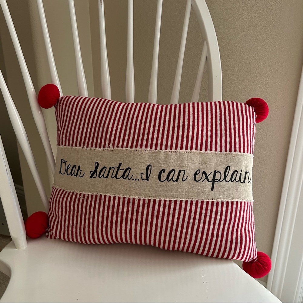 Red and White Holiday Pillow with Pom Poms
